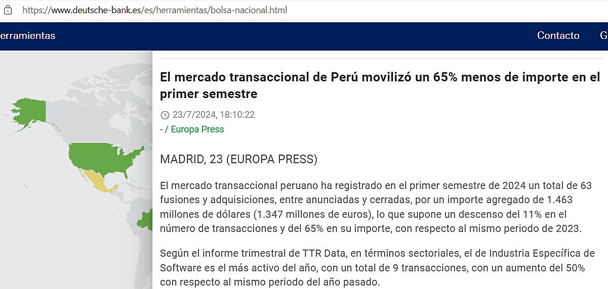 El mercado transaccional de Per moviliz un 65% menos de importe en el primer semestre